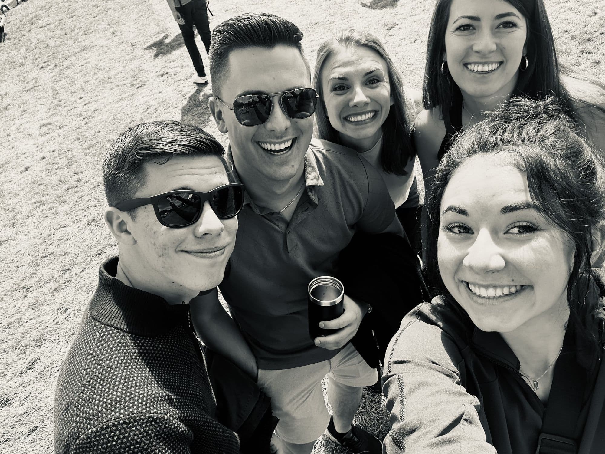 David with friends, in black and white