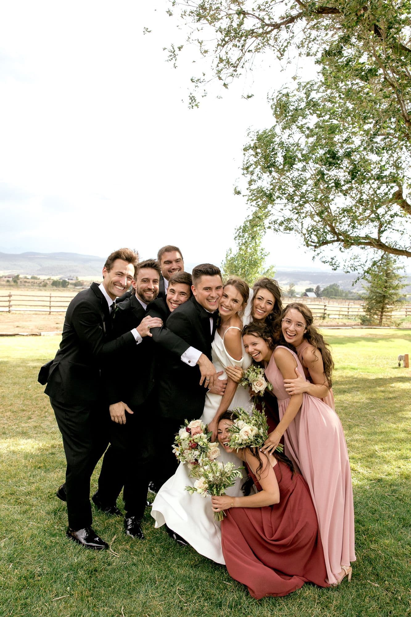 David, Rebekah and their wedding party on the lawn