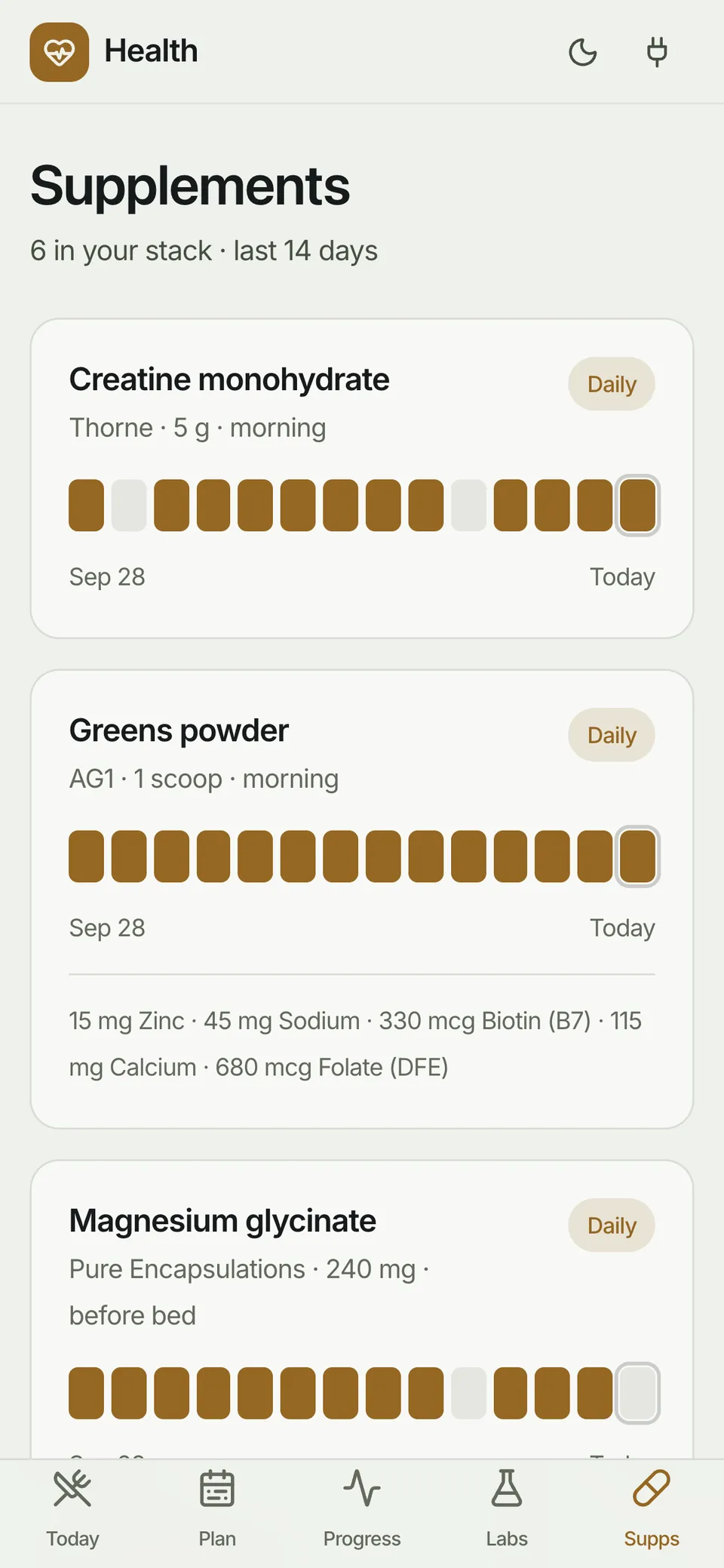 Supplements: each one's dose, schedule and the last 14 days