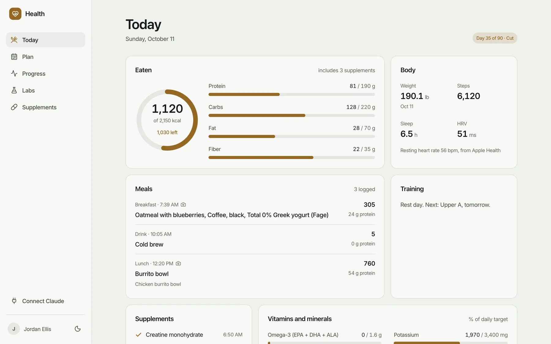 Today: calories and macros against the plan, meals logged from photos, training, supplements, and vitamins and minerals against daily targets