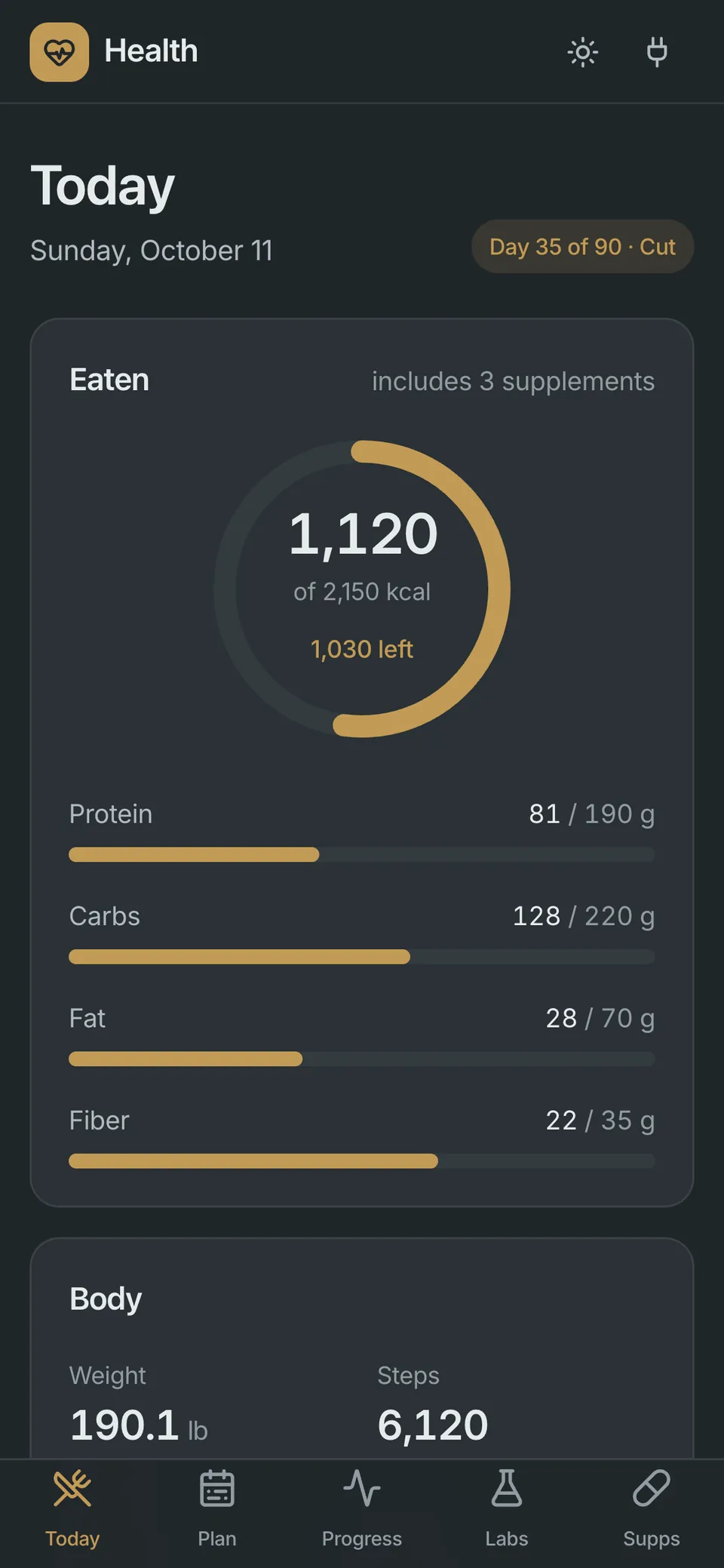 Today: calories and macros against the plan, meals logged from photos, training, supplements, and vitamins and minerals against daily targets