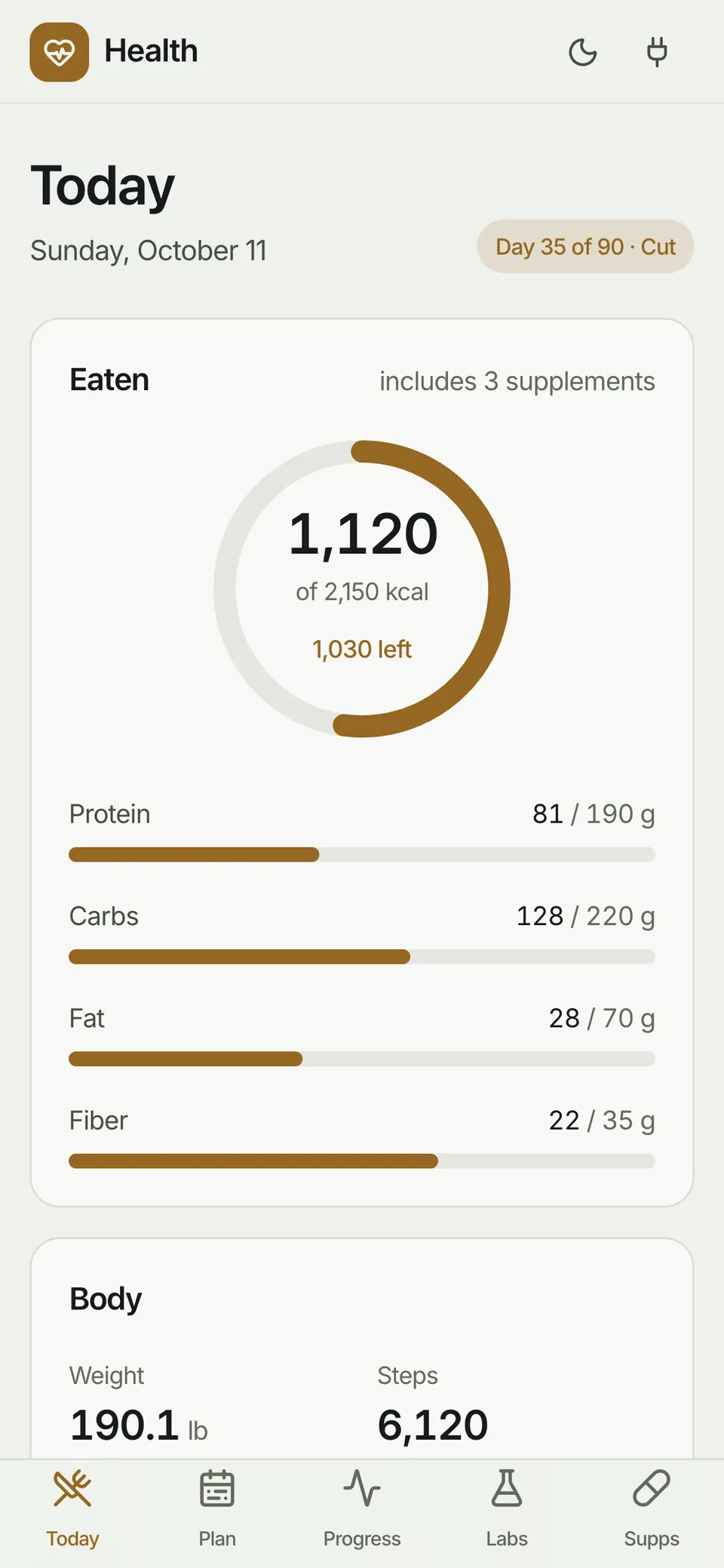 Today: calories and macros against the plan, meals logged from photos, training, supplements, and vitamins and minerals against daily targets